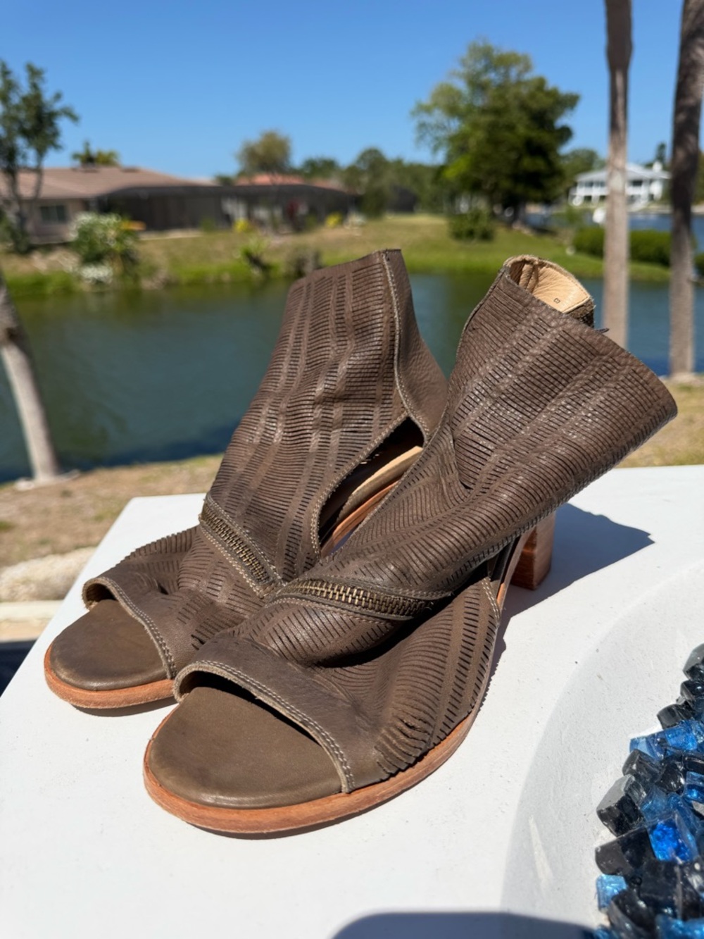 Perforated Open-Toe Ankle Bootie  with Angled Zip Detail
